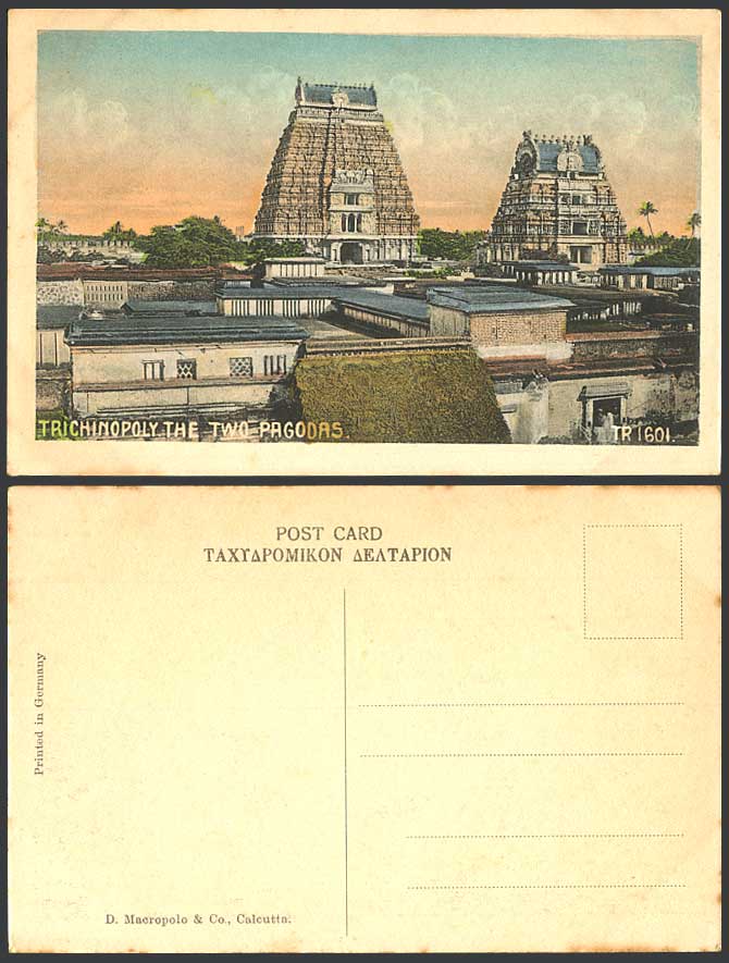India Old Hand Tinted Postcard Trichinopoly Two Pagodas Temples Pagoda Temple TR