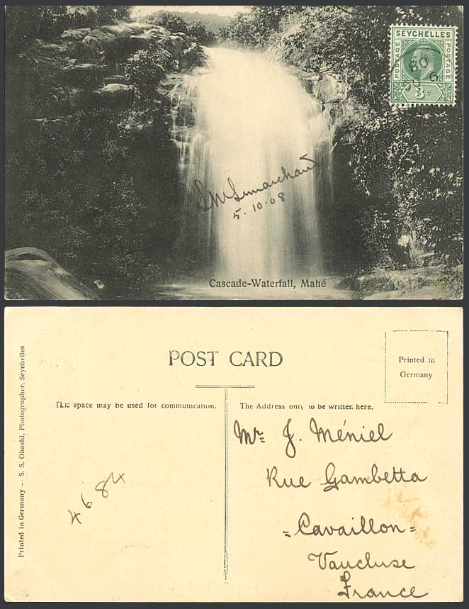 Seychelles KE7 3c 1908 Old Postcard Cascade Waterfall Mahe Water Fall S.S Ohashi