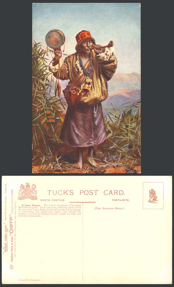 TIBET China Old Tuck's Postcard Native TIBETAN LAMA BEGGAR, Shawm & Stemmed Drum