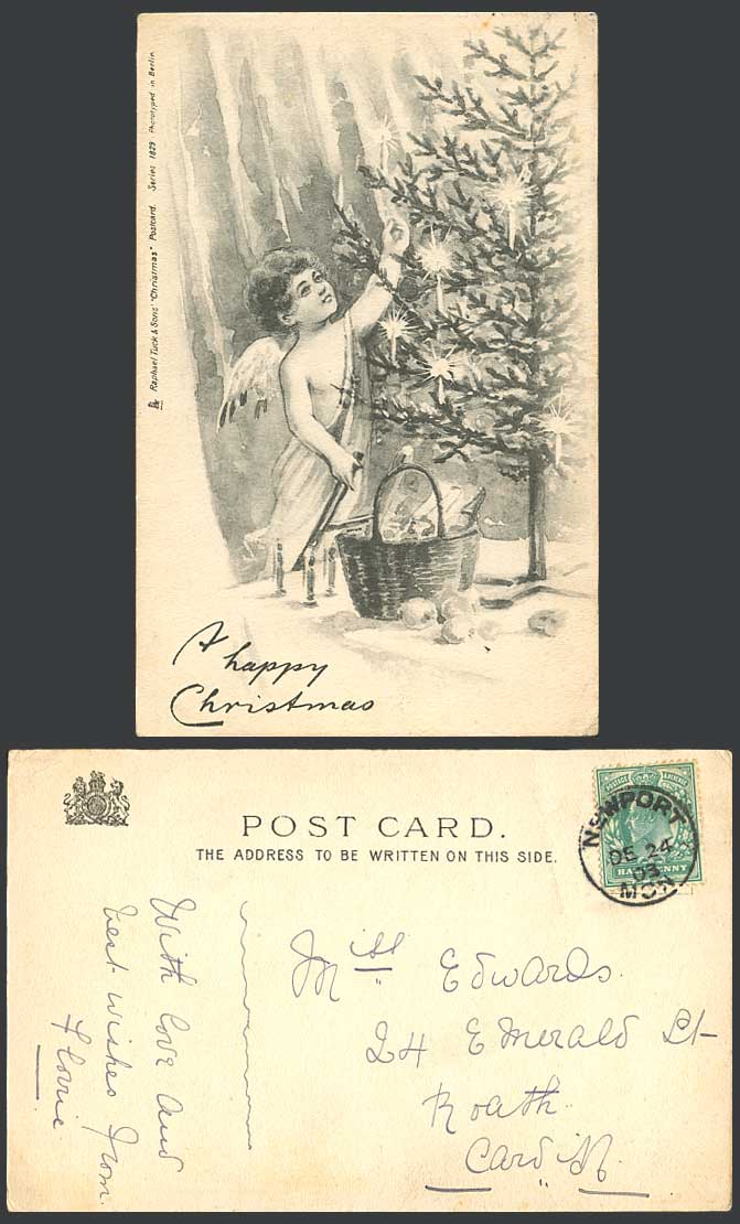 Angel Decorating Xmas Tree, Basket A Happy Christmas 1903 Old Tuck's UB Postcard