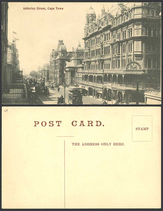 South Africa Capetown Old Postcard Adderley Street Scene TRAM British Dispensary