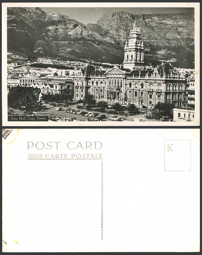 South Africa Old Real Photo Postcard City Hall Cape Town, Mountains Vintage Cars