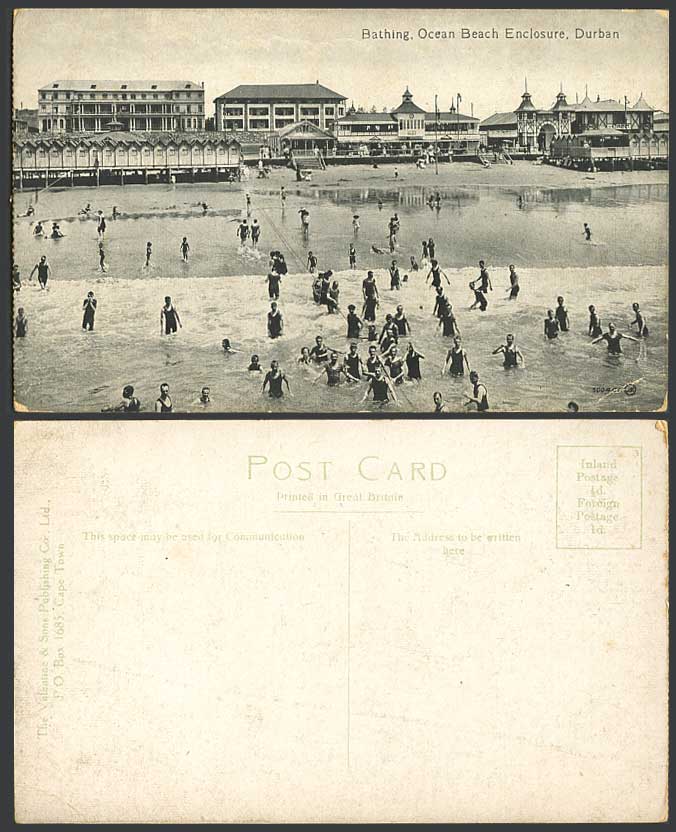 South Africa Old Postcard Bathing Ocean Beach Enclosure Durban Bather Booth Rope