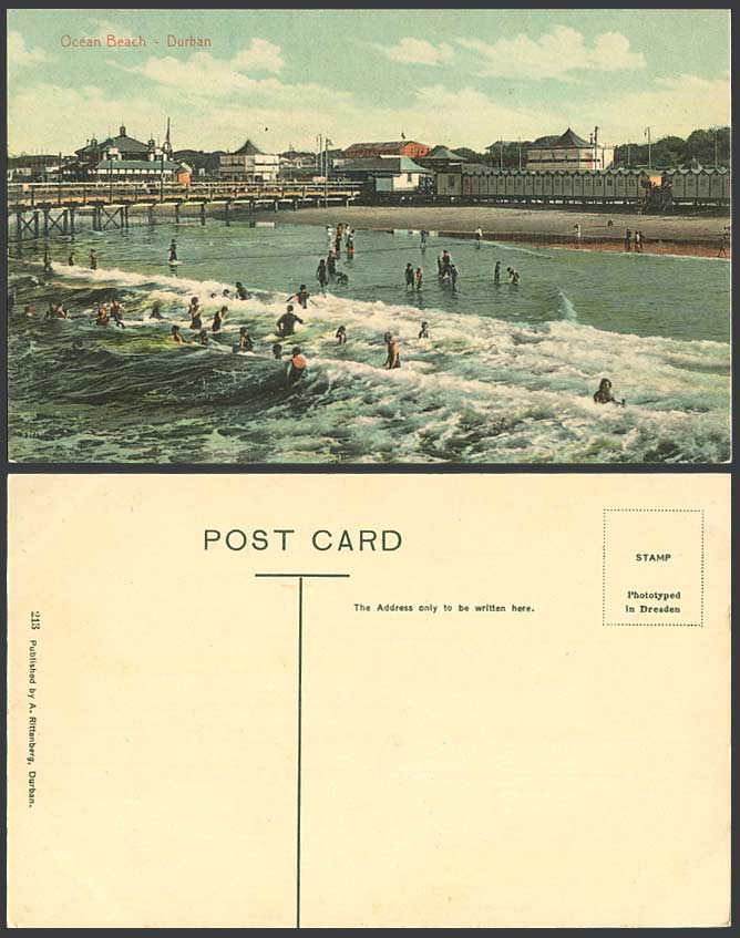 South Africa Old Postcard Ocean Beach Durban Bathers Surfers Pier Bathing Booths