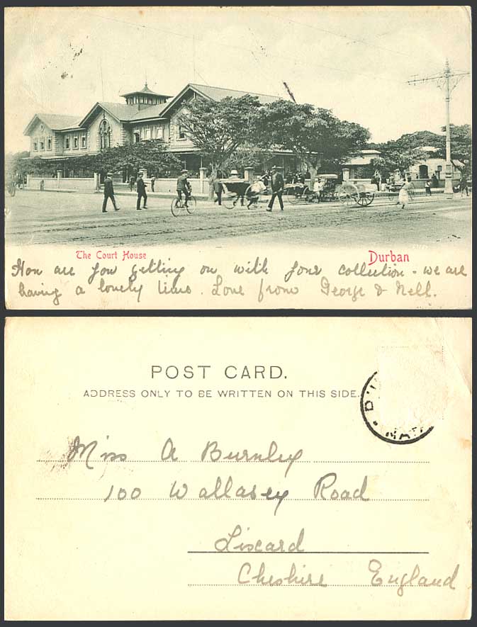 South Africa 1905 Old UB Postcard The Court House Durban Street Scene Law Courts