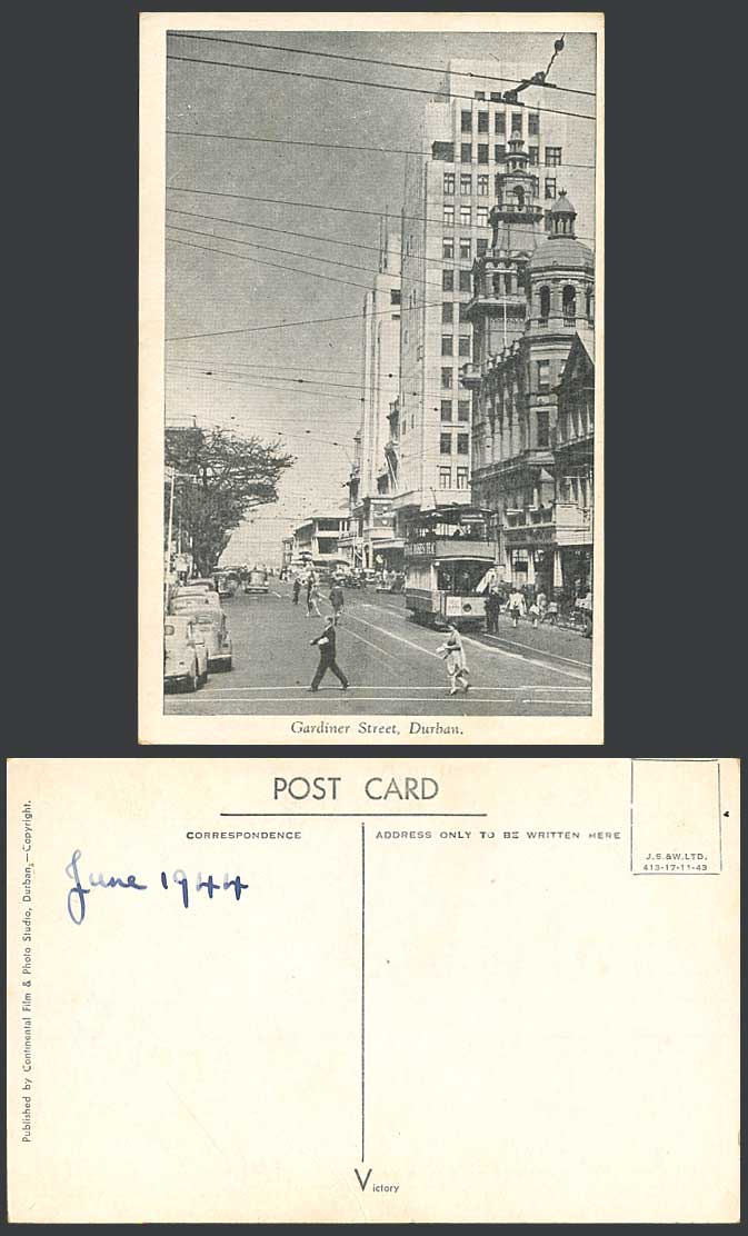 South Africa 1944 Old Postcard Durban Gardiner Street Scene, TRAM Tramway & Cars