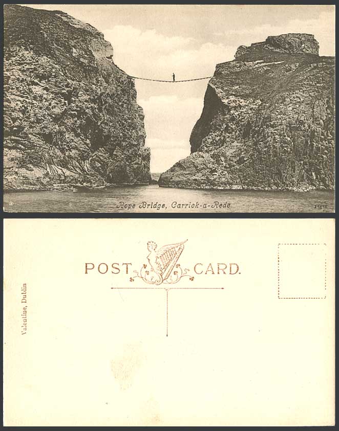Northern Ireland Man on CARRICK-A-REDE ROPE BRIDGE Rocks Co. Antrim Old Postcard