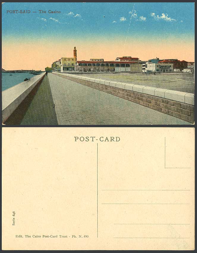 Egypt Old Colour Postcard Port Said The Casino, Lighthouse, Breakwater, Panorama