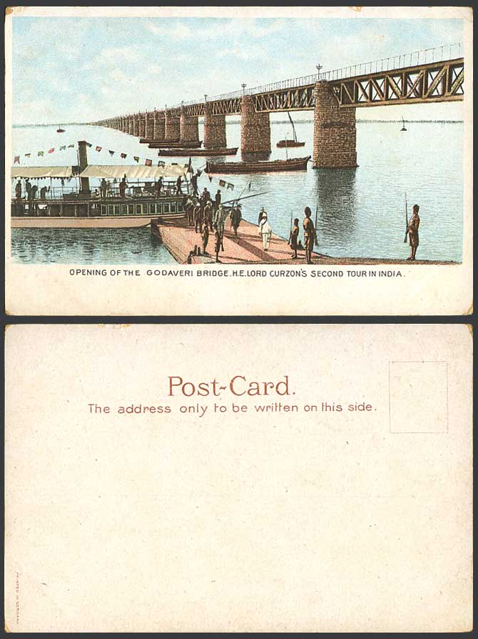 India Old Colour Postcard Opening of Godaveri Bridge H.E. Lord Curzon's 2nd Tour