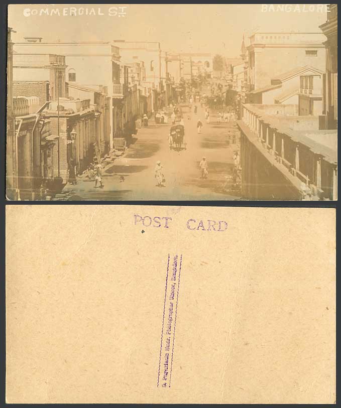 India Old Real Photo Postcard Commercial St. Street Scene, Bangalore, Horse Cart