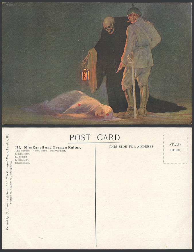 Red Cross Nurse Miss Cavell & German Kultur The Murder, Skull Death Old Postcard