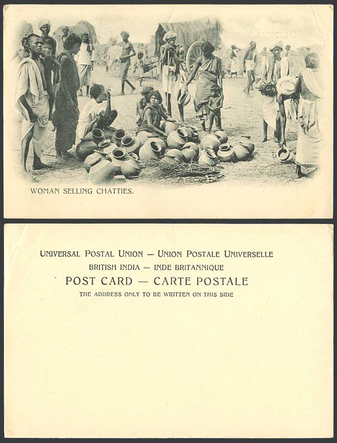 India Old Postcard Native Woman Selling Chatties Pottery Pots Seller Vendor Girl