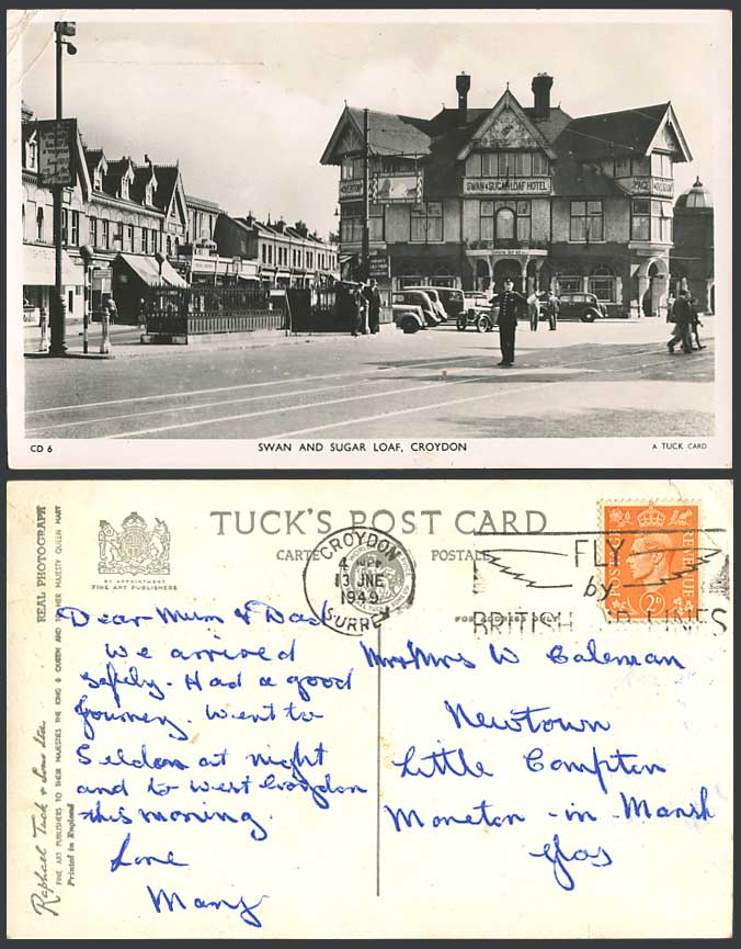 Croydon 1949 Old Postcard Swan & Sugar Loaf Hotel, Street Library Traffic Police