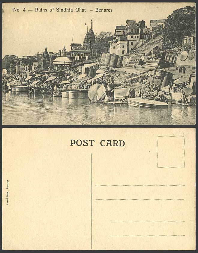 India Old Postcard Disaster Ruins of Sindhia Ghat Benares, River Scene & Temples