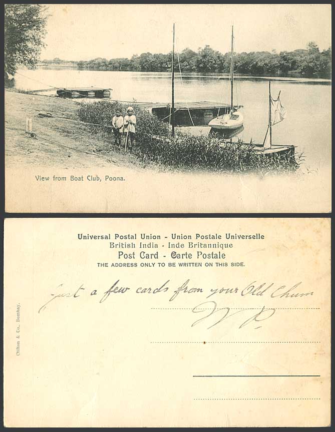 India Old Postcard View from BOAT CLUB POONA Pune, Boats, Native Children 2 Boys