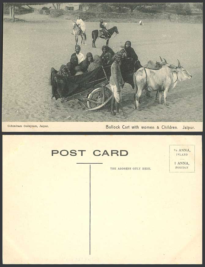 India Old Postcard Bullock Cart with Native Women Children Jaipur Jeypore Horses