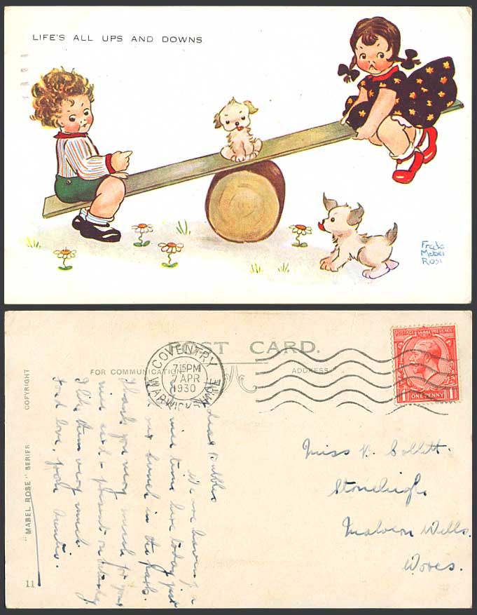 Freda Mabel Rose 1930 Old Postcard Life's All Ups and Downs SEASAW Dogs Puppies