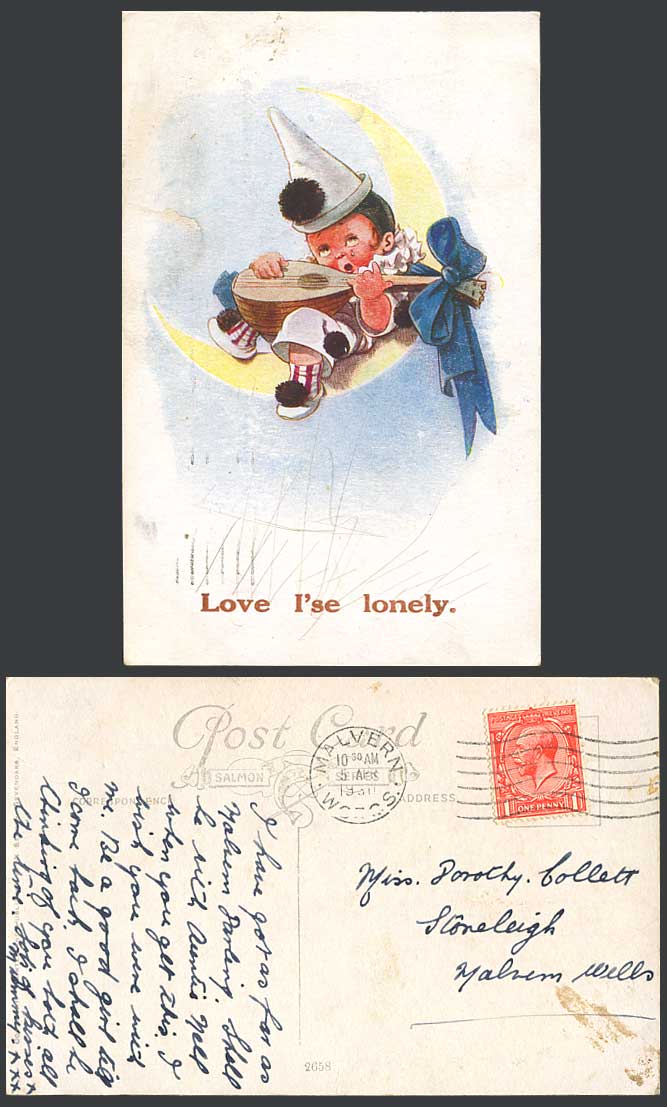 Children Boy or Girl Playing Mandolin on Moon Love I'se Lonely 1930 Old Postcard