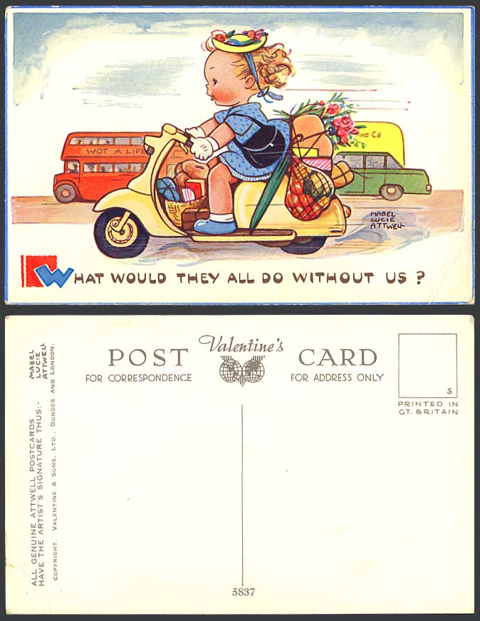 MABEL LUCIE ATTWELL c1960 Old Postcard Girl Riding Scooter Grocery Shopping 5837