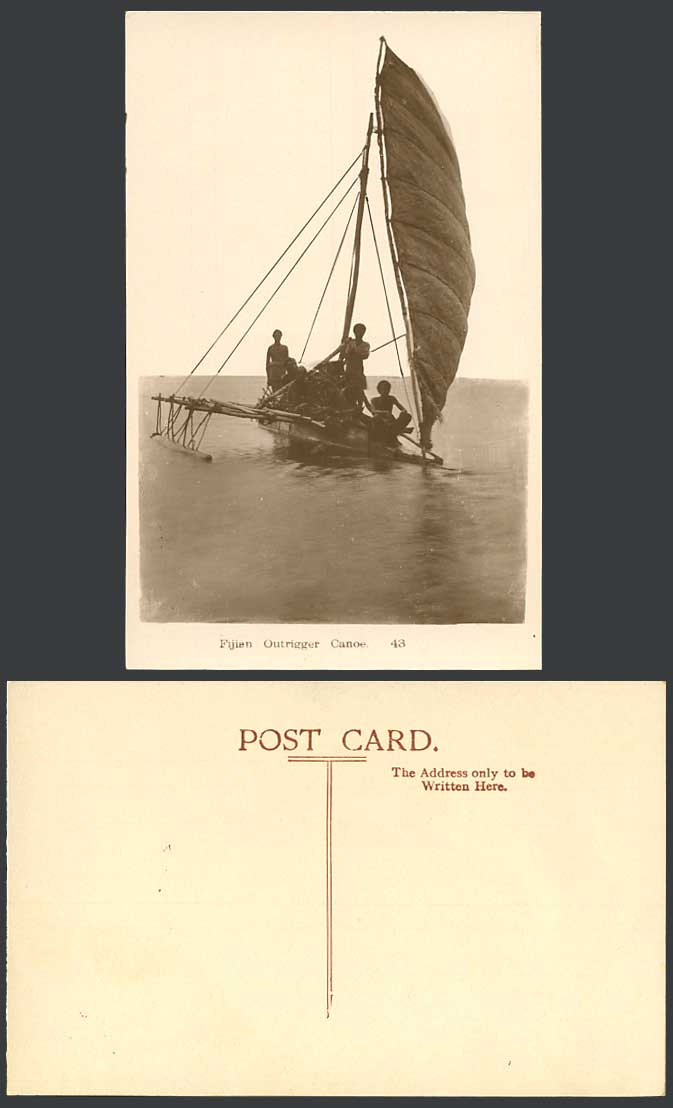 Fiji Old Real Photo Postcard Fijian Outrigger Canoe, Native Sailing Vessel & Men