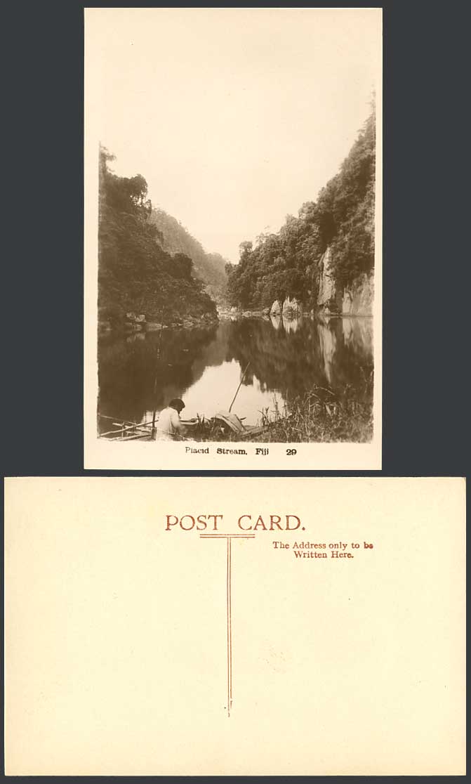 Fiji Old Real Photo Postcard Placid Stream River Scene Gorges, Native Fijian Man