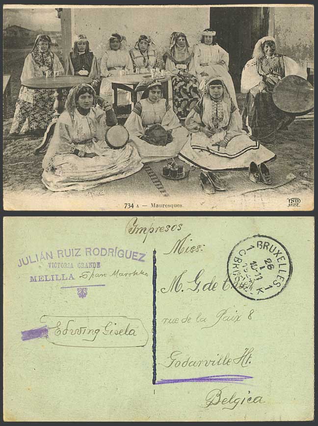 Mauresques Native MOORISH Women Lady Musicians Drum Tambourine 1924 Old Postcard