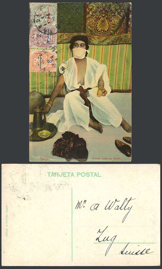 Morocco Ovpts 1915 Old Postcard Femme Arabe au Harem Arab Arabic Woman Face Mask