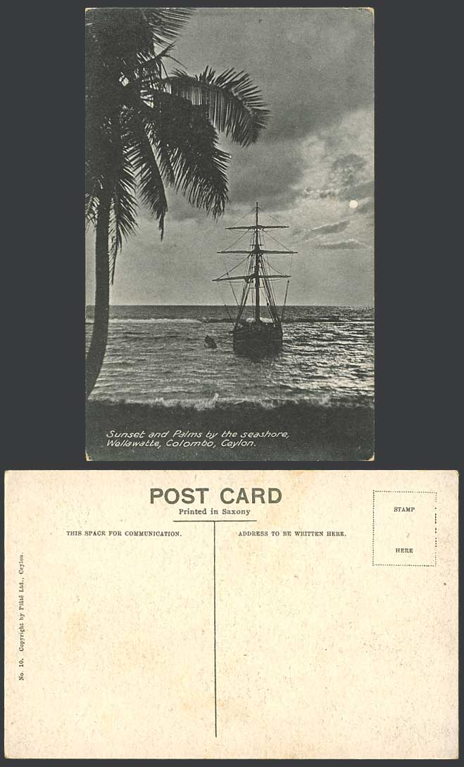 Ceylon Old Postcard Sunset & Palms by Seashore, Wellawatte, Colombo Fishing Boat
