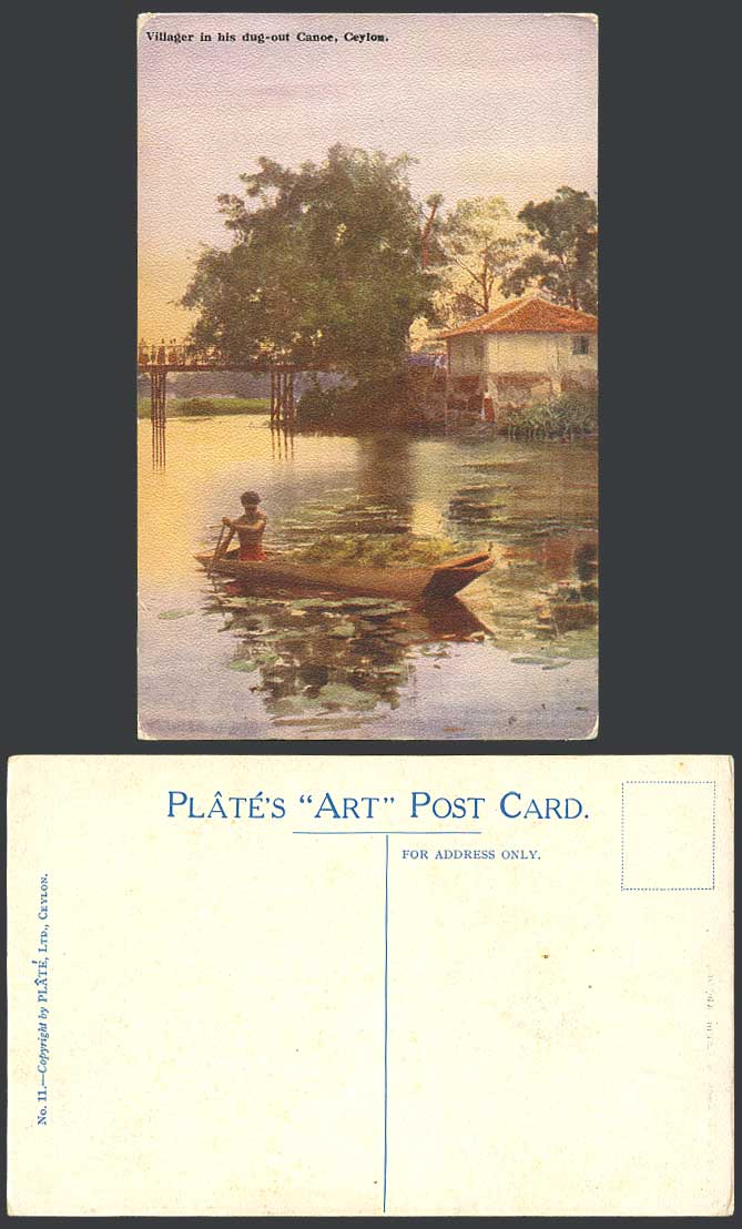 Ceylon Old Postcard Native Villager in His Dug-Out Canoe Boat Bridge Plate's ART