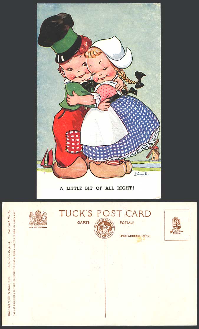 DINAH Old Postcard A Little Bit of All Right! Dutch Girl & Boy Hugging, Windmill