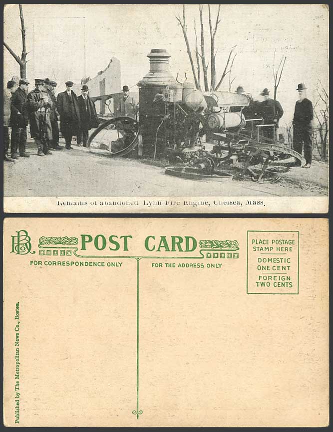 USA Old Postcard Remains of Abandoned Lynn Fire Engine Firemen Men Chelsea Mass.