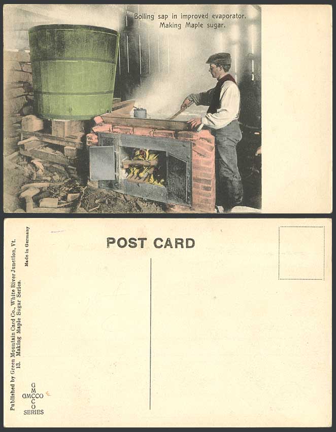 Boiling Sap in Improved Evaporator - Making Maple Sugar Old Hand Tinted Postcard