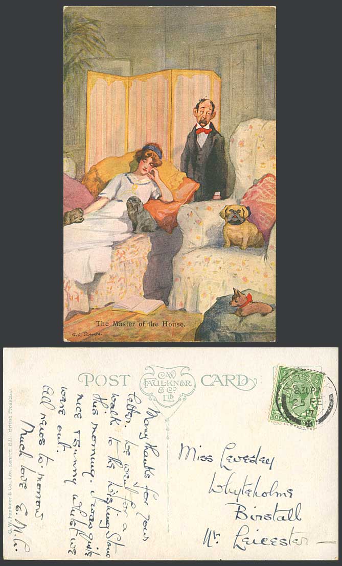 G.L. Stampa Artist Signed 1917 Old Postcard Dogs Puppies The Master of The House