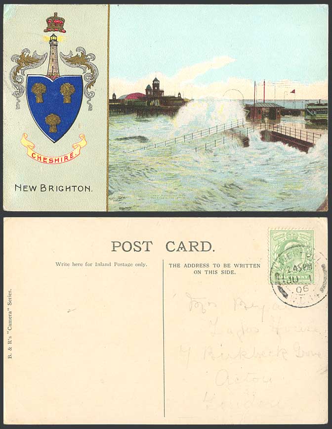 New Brighton Rough Sea Pier Jetty Cheshire Coat of Arms 1906 Old Colour Postcard