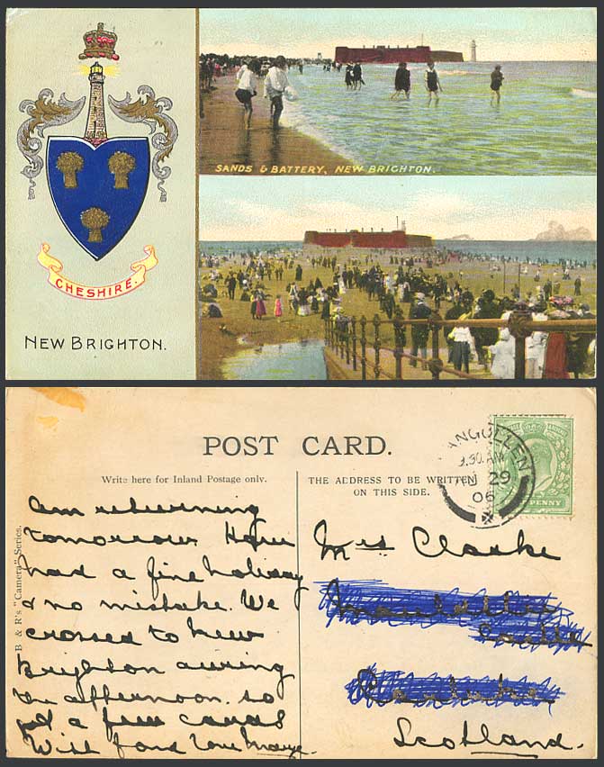 New Brighton Sands & Battery Lighthouse, Cheshire Coat of Arms 1906 Old Postcard