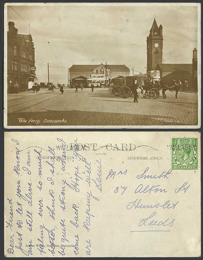 Seacombe The Ferry, Tram Tramway Street Scene Clock Tower Cafe 1914 Old Postcard