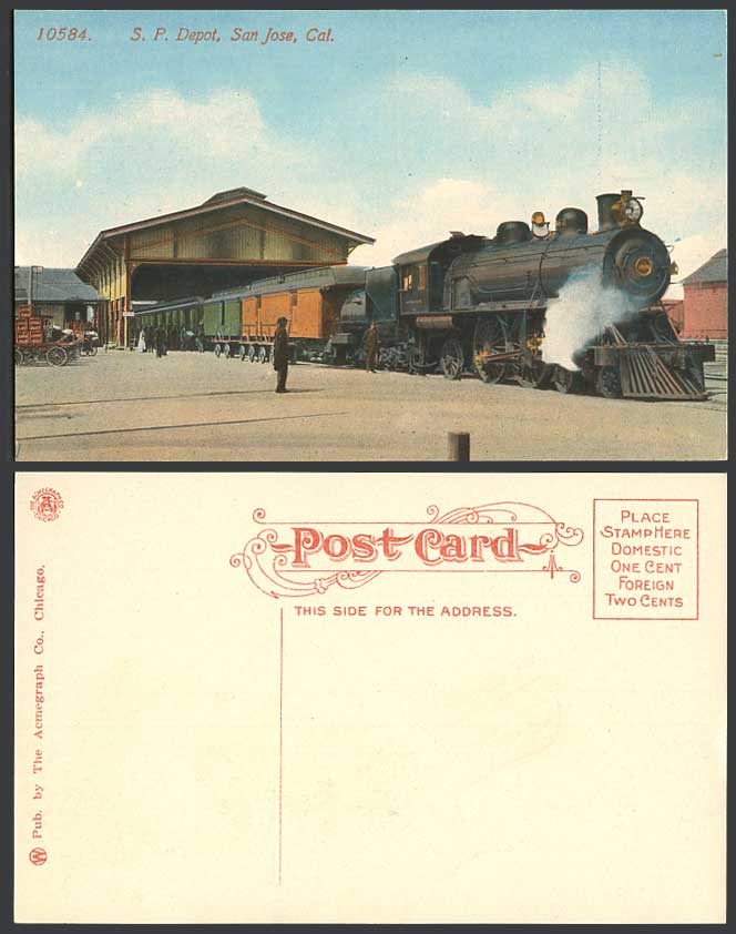 USA Old Postcard Locomotive Train Engine S.P. Depot San Jose California Railway