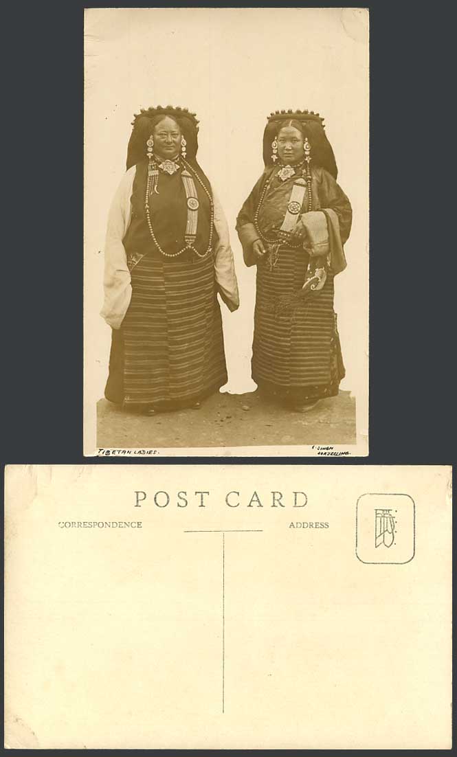 TIBET China Old Real Photo Postcard Native Tibetan Ladies Women Tradit. Costumes