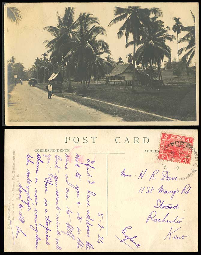 FMS Federated Malay States Tiger 4c. 1924 Old Postcard Street Scene Native House