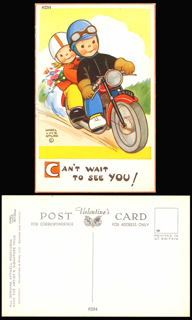 MABEL LUCIE ATTWELL Old Postcard Motorbike Motorcycle Can't Wait to See You 6234