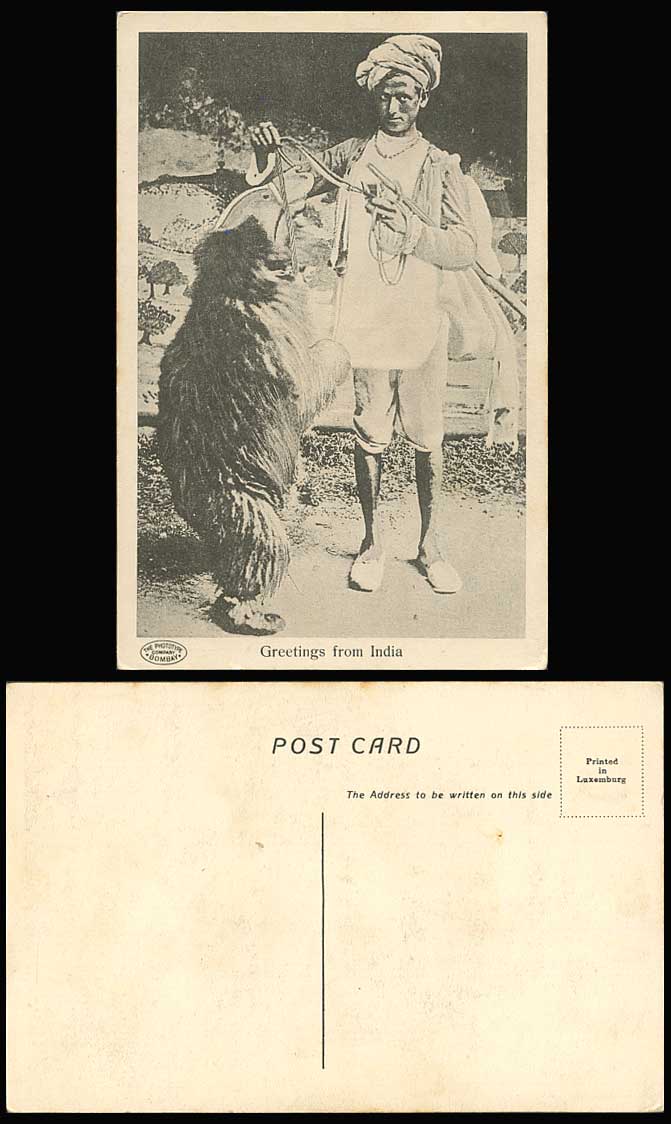 India Greetings from Old Postcard A NATIVE BEAR TRAINER Animal & Man Ethnic Life