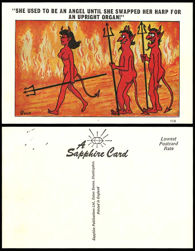 QUIP Old Postcard Red Devil, Fire, Used to be Angel until Swapped Harp for Organ