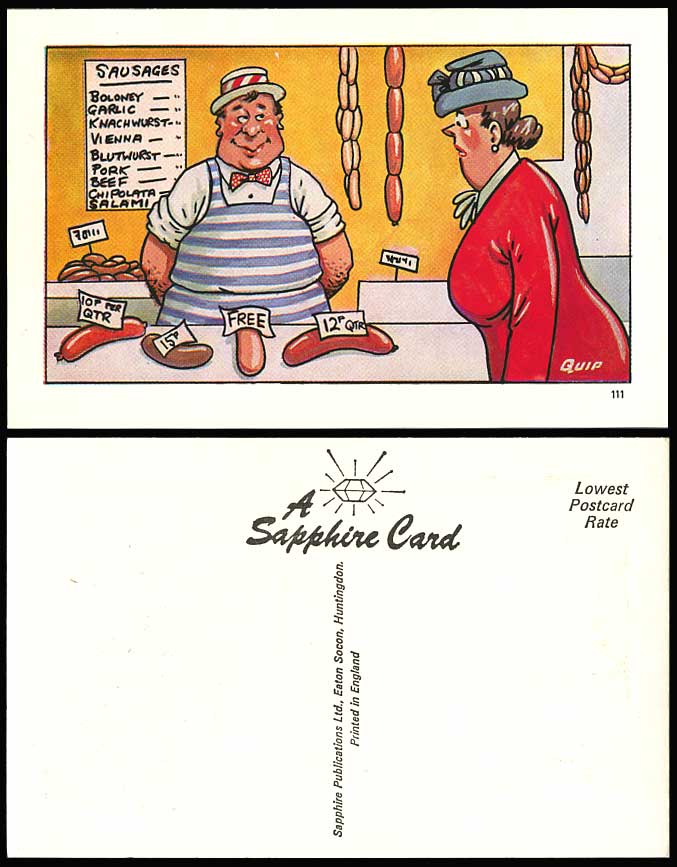 QUIP Saucy Comic Old Postcard A Woman Lady at FREE SAUSAGE Shop Store & Sausages