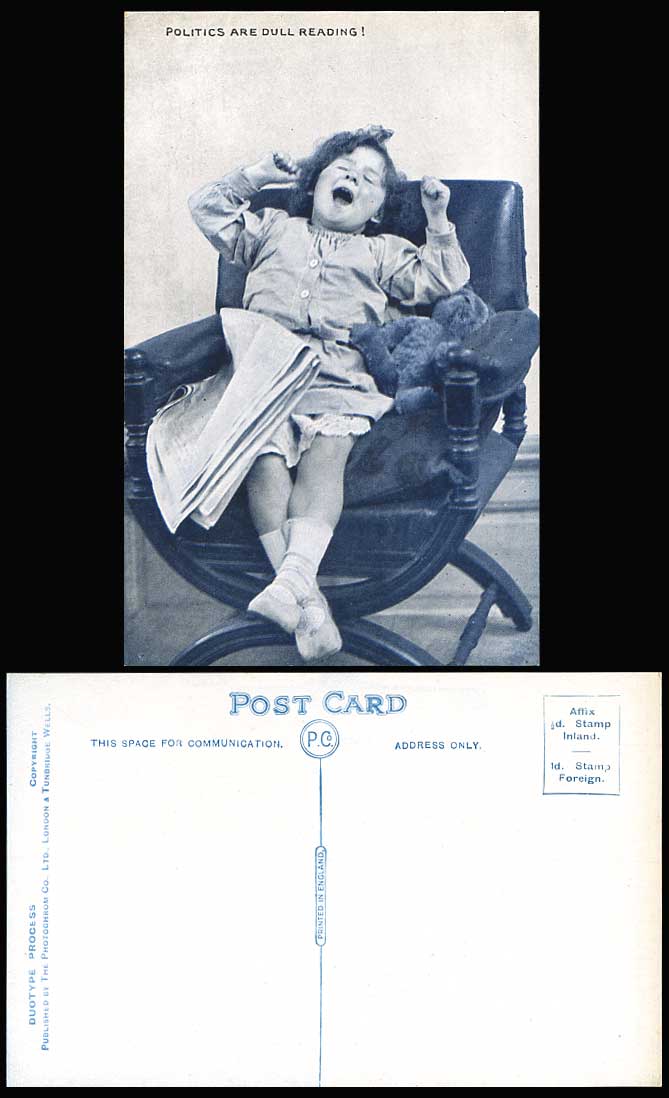 Children Little Girl Teddy Bear Newspaper Politics Are Dull Reading Old Postcard
