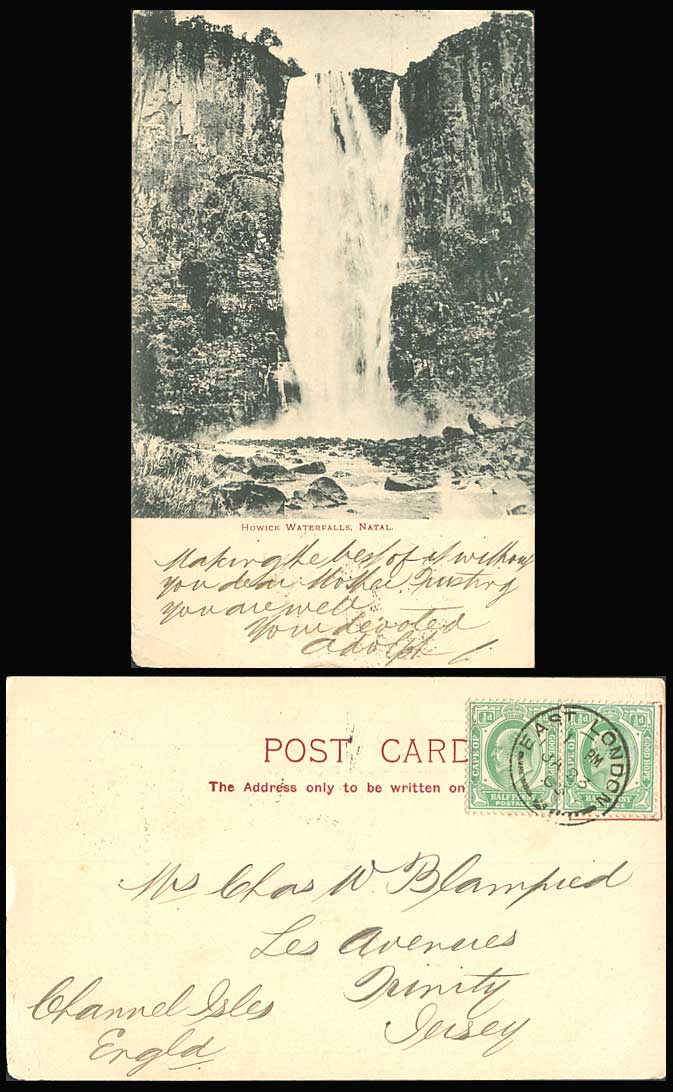 South Africa KE7 1/2dx2 1905 Old UB Postcard Howick Waterfalls Natal Water Falls
