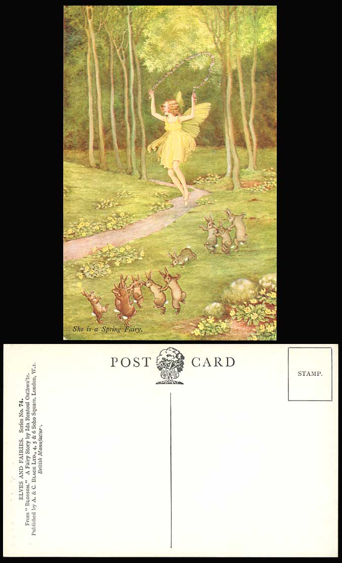 IR OUTHWAITE Old Postcard She is a Spring Fairy Girl Skipping Rope Rabbits Bunny