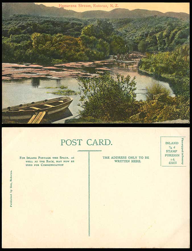 New Zealand Old Colour Postcard Hamurana Stream Rotorua River Scene Boat Boating