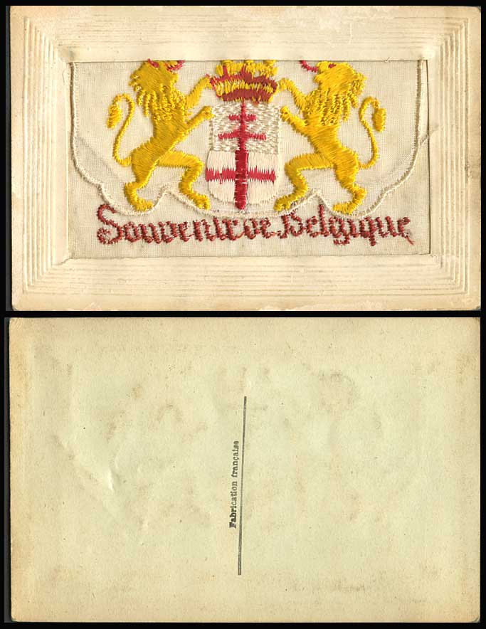 WW1 SILK Embroidered Old Postcard LION Coat of Arms Souvenir de Belgique Belgium