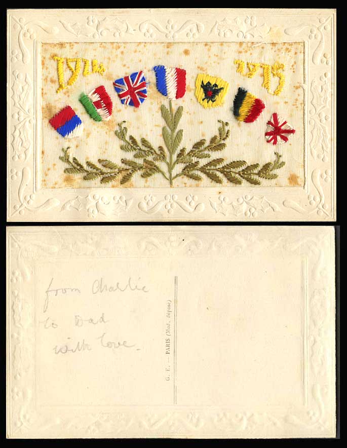 WW1 SILK Embroidered Old Postcard 1914 - 1915 Coat of Arms Shaped Flags Novelty