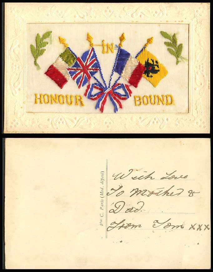 WW1 SILK Embroidered Old Postcard In Honour Bond British French Italian etc Flag